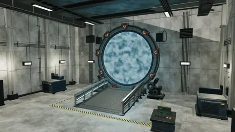 The active Stargate and embarkation ramp in Gate Room.
