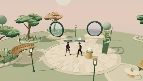 Two players meeting beside glowing portals in The Hub garden.